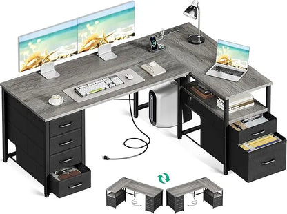 L Shaped Computer Desk with 6 Drawers, Storage Shelf & File Drawer,