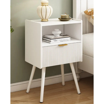 White Nightstand,Modern Bedside Table with Storage Drawer and Open Wood Shelf, for Living Room, Bedroom and Small Spaces
