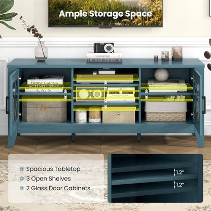 Farmhouse TV Stand w/Glass Door Cabinets & 4 Adjustable Shelves