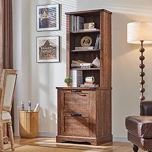 Bookcase with 2 File Drawers, Bookshelf with Storage and Adjustable Shelves