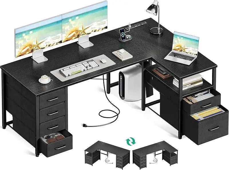 L Shaped Computer Desk with 6 Drawers, Storage Shelf & File Drawer,