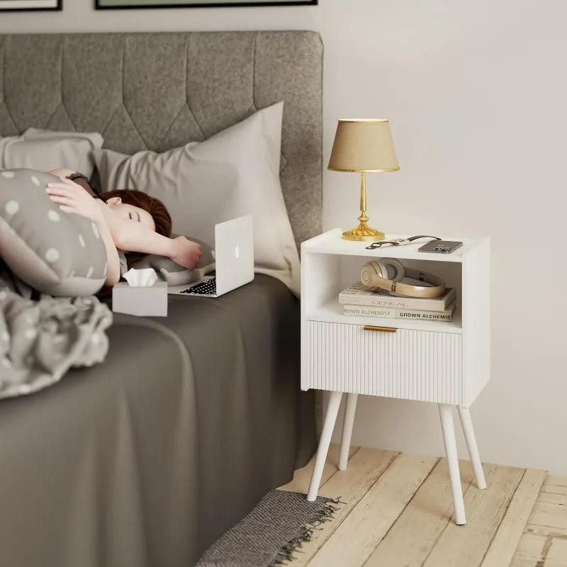 White Nightstand,Modern Bedside Table with Storage Drawer and Open Wood Shelf, for Living Room, Bedroom and Small Spaces