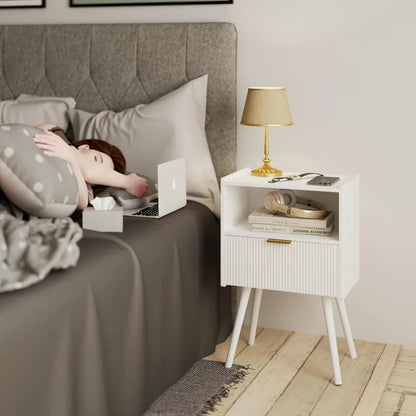 White Nightstand,Modern Bedside Table with Storage Drawer and Open Wood Shelf, for Living Room, Bedroom and Small Spaces