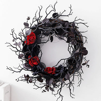 ‌Halloween Wreath Decor Black Rose Hanging Ornament Front Door Decorations