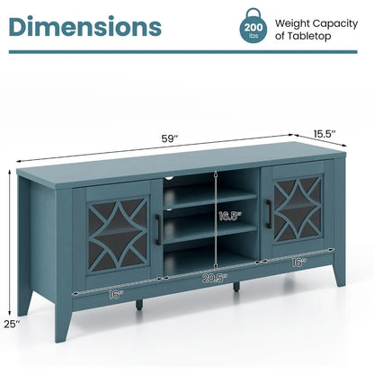 Farmhouse TV Stand w/Glass Door Cabinets & 4 Adjustable Shelves