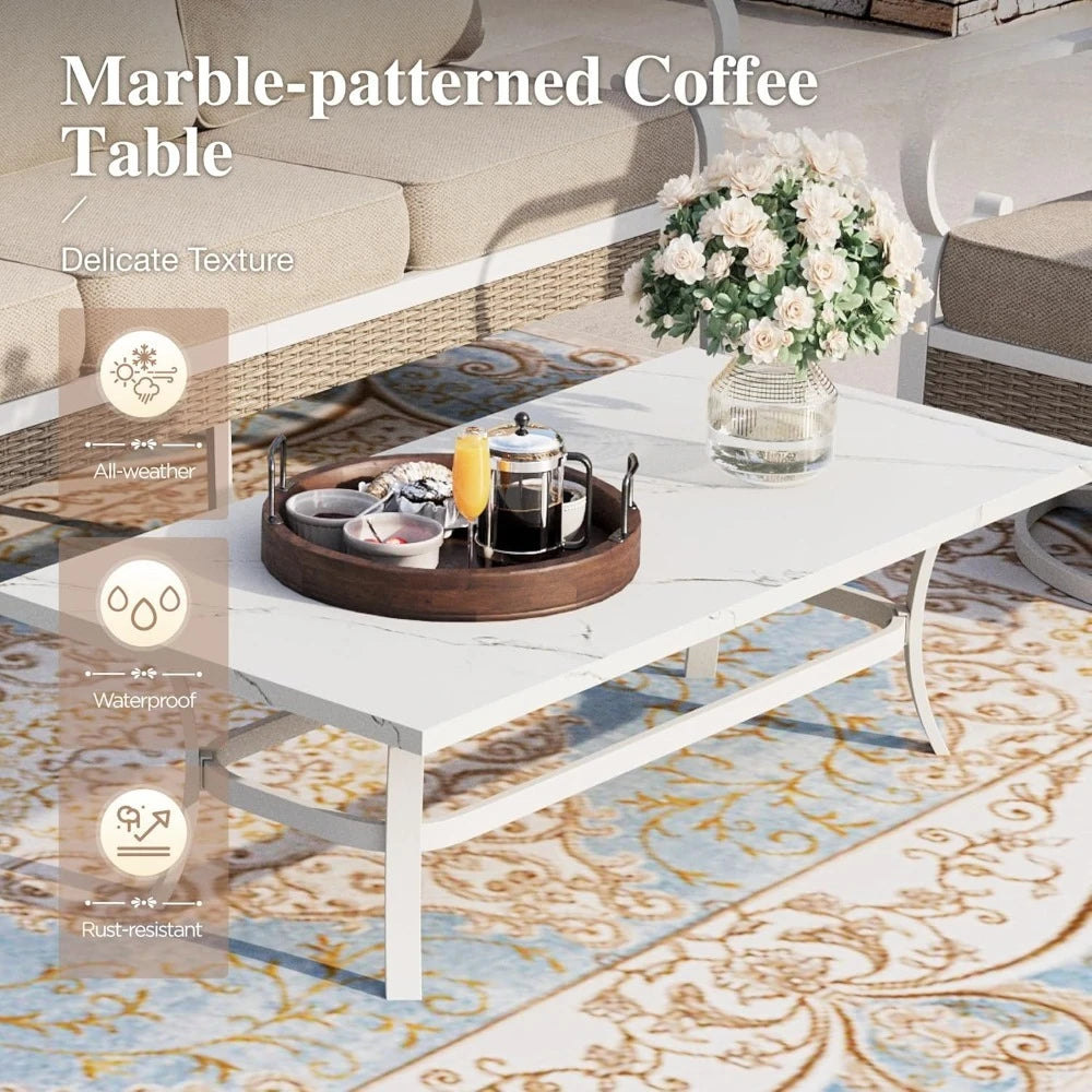 4-Piece Patio Furniture Set with Metal & Rattan Design, Includes 2 Rocking Chairs, 3-Seat Sofa & Marble Coffee Tabl