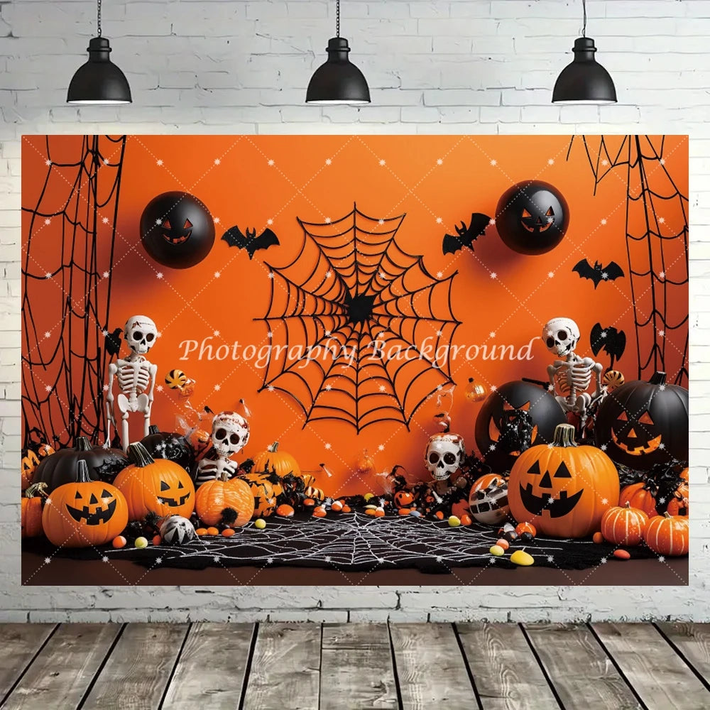 Halloween Backdrop Pumpkins Spider Webs Bats Skeletons Decoration Kids Birthday Party Baby Shower Backgrounds for Photographs