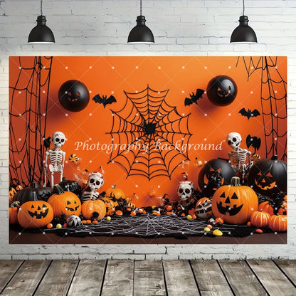 Halloween Backdrop Pumpkins Spider Webs Bats Skeletons Decoration Kids Birthday Party Baby Shower Backgrounds for Photographs