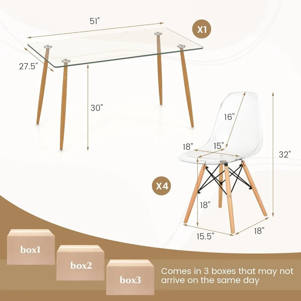 Table Set for 4, Modern with Chairs, Glass Table