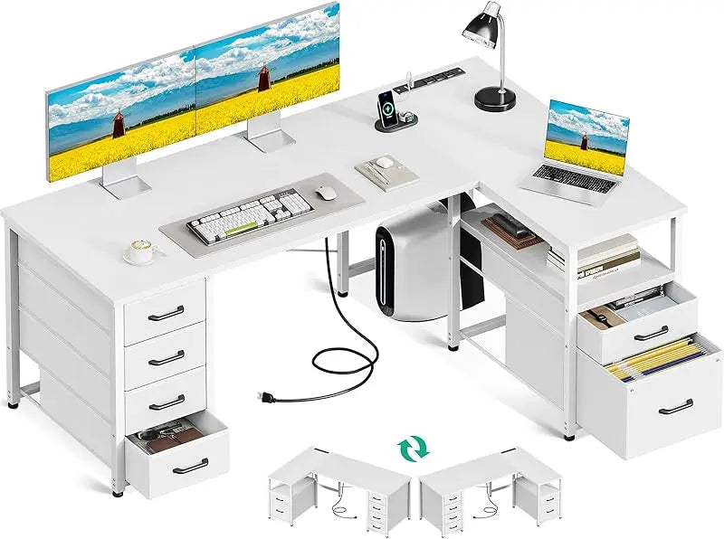 L Shaped Computer Desk with 6 Drawers, Storage Shelf & File Drawer,