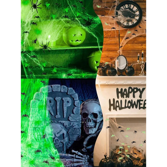Glow-In-The-Dark Spider Web Set with Spiders, Fluorescent Expandable Spider Web for Halloween Party
