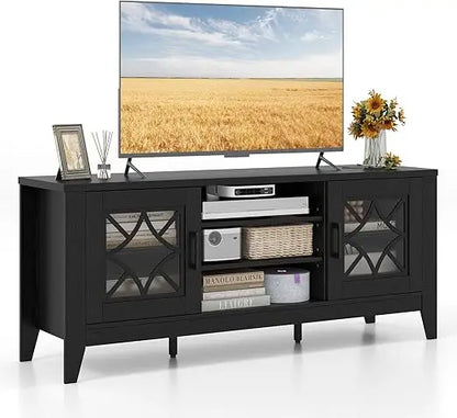 Farmhouse TV Stand w/Glass Door Cabinets & 4 Adjustable Shelves