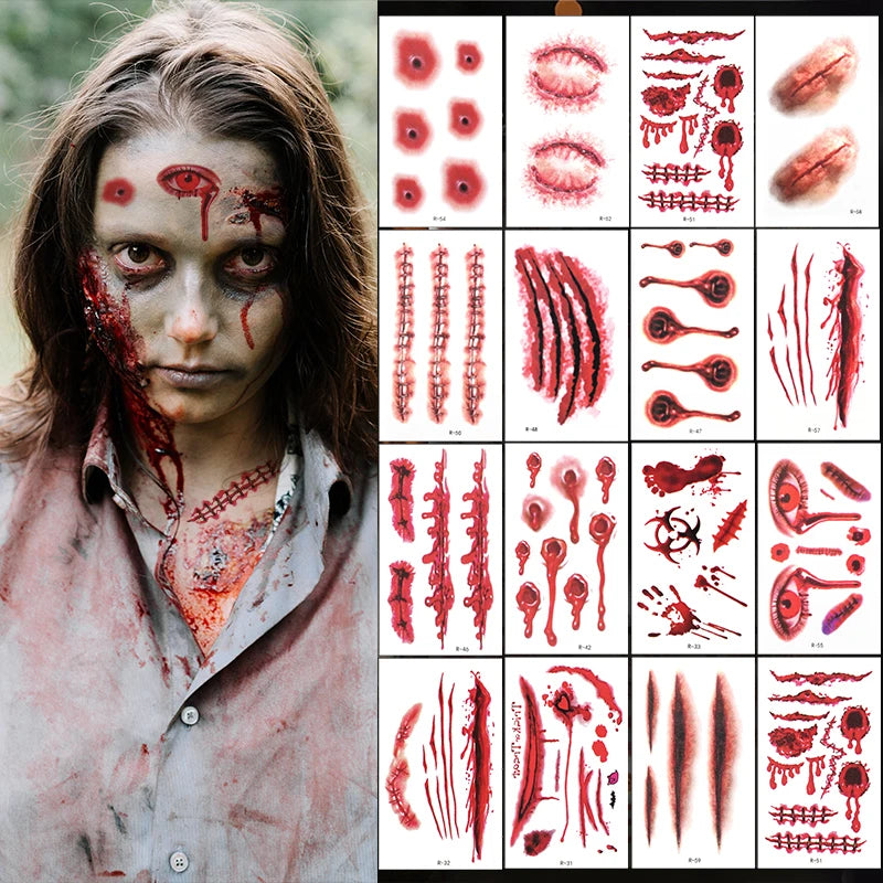 30Pcs Zombie Vampire Tattoo Stickers Realistic Fake Bloody Wound for Halloween Party Decoration