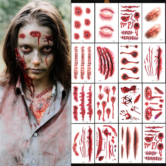 30Pcs Zombie Vampire Tattoo Stickers Realistic Fake Bloody Wound for Halloween Party Decoration