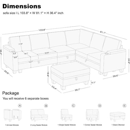 Chenille Modular Sectional Sofa Convertible L Shaped with Storage