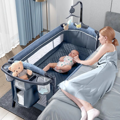 Baby Bassinet Bedside Crib, Pack and Play w/Sheet, Diaper Changing Table & Music Mobile