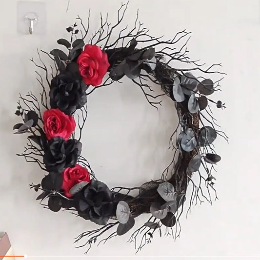 ‌Halloween Wreath Decor Black Rose Hanging Ornament Front Door Decorations