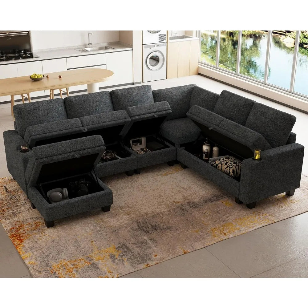 Chenille Modular Sectional Sofa Convertible L Shaped with Storage