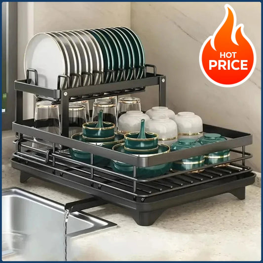 Bowl Rack - 2 Tier Dish Drainer Storage Adjustable Space Saving Organizer