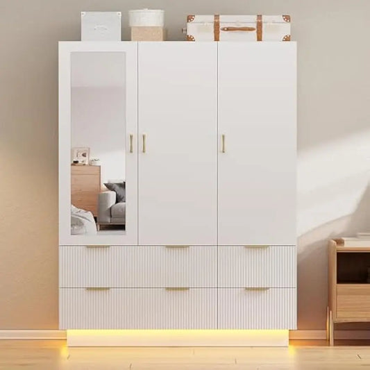 Wardrobe Closet with 3 Door, with Mirror and LED Lights, Hanging Rod, Drawers