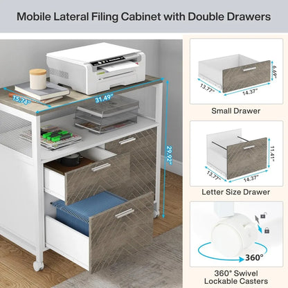 File Cabinet with Drawers and Door, Lockable lateral Filing Cabinet Printer Stand