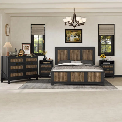 4 Piece Queen Bedroom Set, Queen Size Platform, 2 Nightstands and Dresser