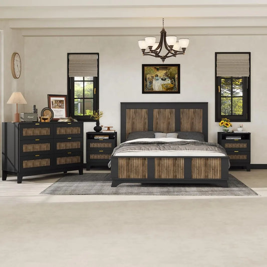 4 Piece Queen Bedroom Set, Queen Size Platform, 2 Nightstands and Dresser
