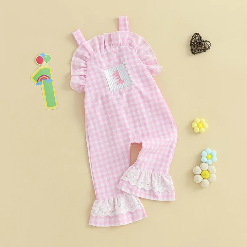 Baby Girl Rompers Sleeveless Letter Embroidery Plaid Jumpsuit Suspender Pants Summer Outfit