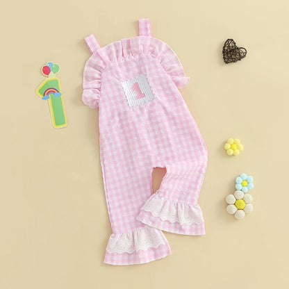 Baby Girl Rompers Sleeveless Letter Embroidery Plaid Jumpsuit Suspender Pants Summer Outfit