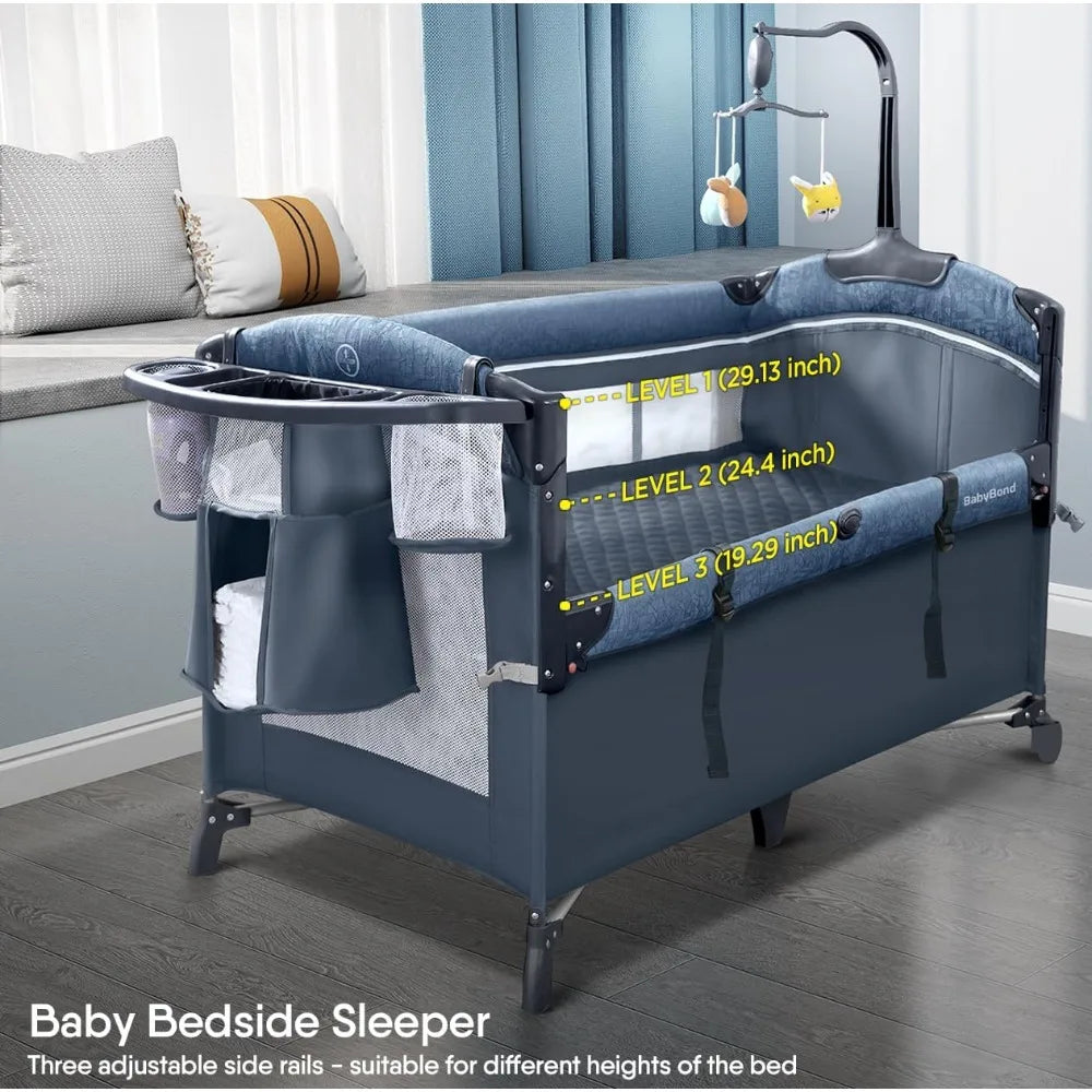 Baby Bassinet Bedside Crib, Pack and Play w/Sheet, Diaper Changing Table & Music Mobile