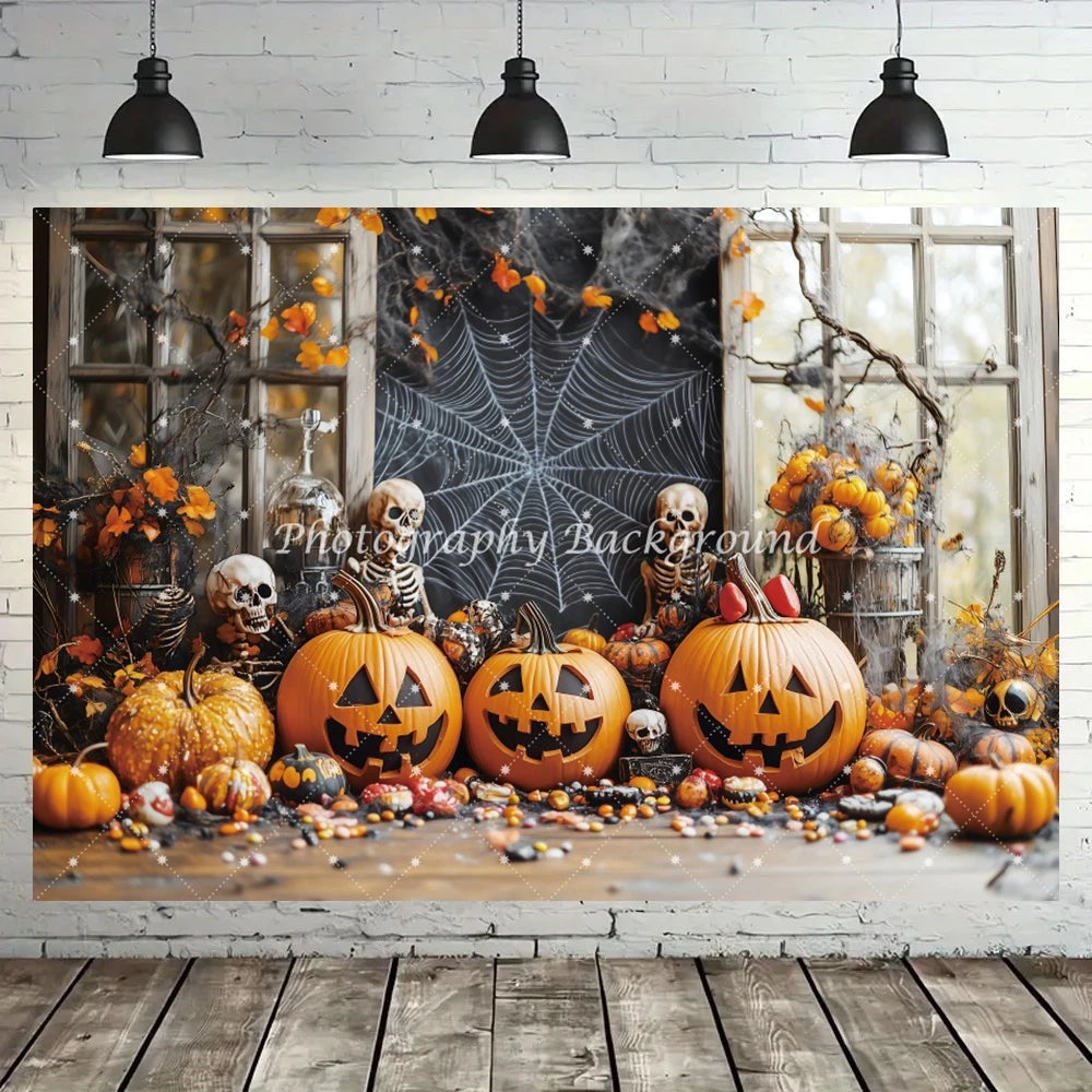Halloween Backdrop Pumpkins Spider Webs Bats Skeletons Decoration Kids Birthday Party Baby Shower Backgrounds for Photographs