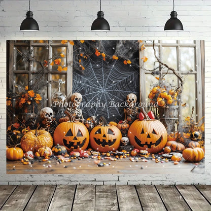 Halloween Backdrop Pumpkins Spider Webs Bats Skeletons Decoration Kids Birthday Party Baby Shower Backgrounds for Photographs