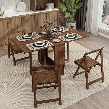 Collapsible Bamboo Drop-Leaf Dining Table with Storage, 4 Chairs and Lockable Wheels