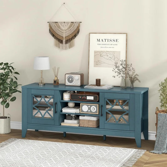 Farmhouse TV Stand w/Glass Door Cabinets & 4 Adjustable Shelves