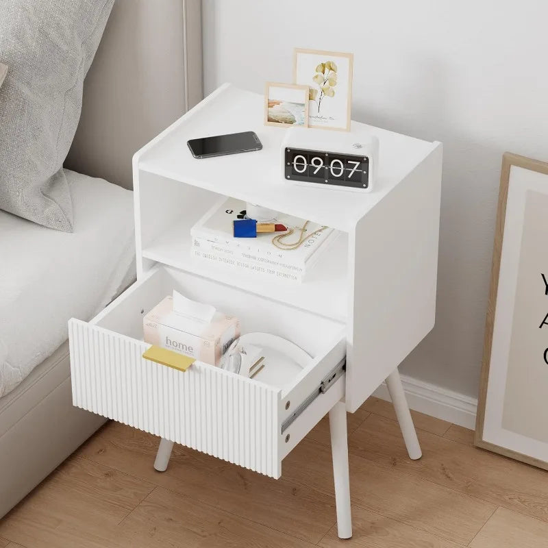 White Nightstand,Modern Bedside Table with Storage Drawer and Open Wood Shelf, for Living Room, Bedroom and Small Spaces